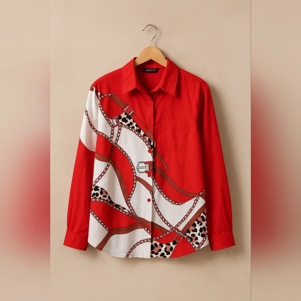 Red and White Women's Patterned Top - Picture 1 of 4